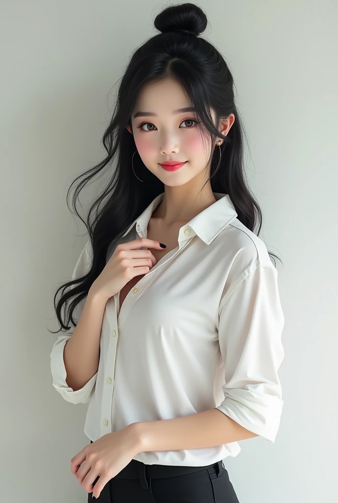 Create a Japanese girl with white skin, black hair with a high Bun, brown eyes, short pants, hand nails painted in black with white shirt, beautiful smile, beautiful, sexy and perfect body 