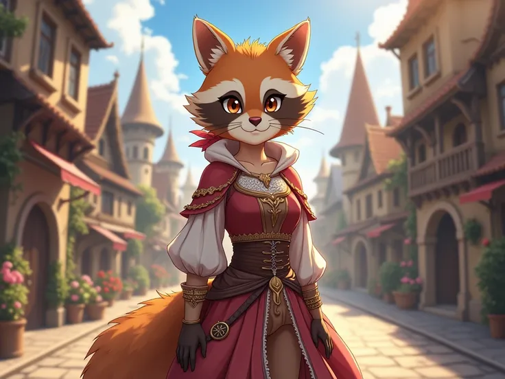   anime style, Raccoon with human features, femenino, high, Medieval civilian clothing, Medieval fantasy city.