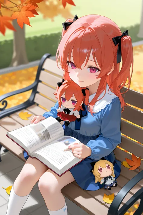  photorealistic 、Chibi Girl Doll（Reading on a park bench）、autumn