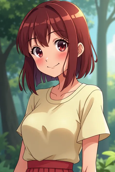  Create an image of a girl with straight hair on her shoulders with bangs on her forehead, Dark red hair of short stature as if it were a character from Studio Ghibli in the anime The Journey of Chihiro with full body adult breasts, cute and happy  