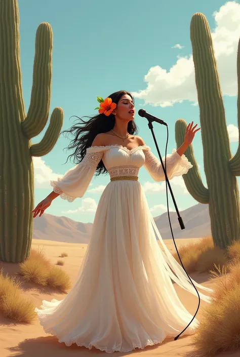 A beautiful Mexican woman with a flower in her hair and a white dress sings cacti into a microphone in the desert 