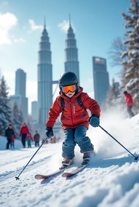 A boy skiing in a sprint, wearing snow gear and goggles, with surprised spectators in the background, realistic style, high detail, action scene, winter Wonderland Petronas twin towers 