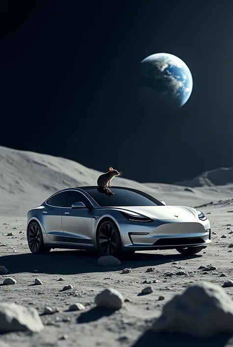 Tesla car on the moon with a mouse
