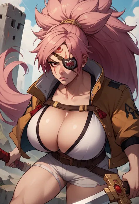 score_9, score_8_up, score_7_up, BREAK,  BaikunXL, 1girl, solo, long hair, saggy big breasts, red eyes, cleavage, jacket, ponytail, weapon, pink hair, red eyes, blurry, huge breasts, tattoo, scar, eyepatch, scar on face, scar across eye, one-eyed, big hair...