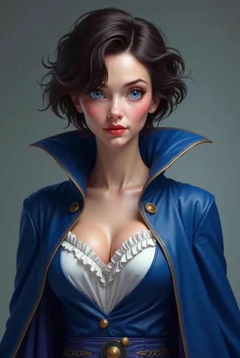 Female Dr Strange with a blue cleric robes which has a mantle, sapphire blue eyes, short messy dark brown hair, red lips, heart shaped face, large breasts, wears a white frilled shirt which covers her cleavage. Realistic, HD.