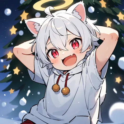 （masterpiece：1.2，high quality），8k，High resolution，A seven-year-old boy，cute boy，white hair，short hair，light red eyes，slit pupils， ahoge，cat ears，laughing， skin fang，halo，Wearing a white hoodie，Dark blue shorts，Christmas ，Christmas tree，Gift，primary school ...