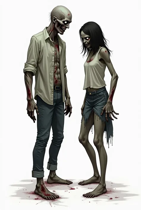 drawing of a male zombie next to a female zombie with torn clothes,  type illustration , Arte de esquema, artistic, full white background 