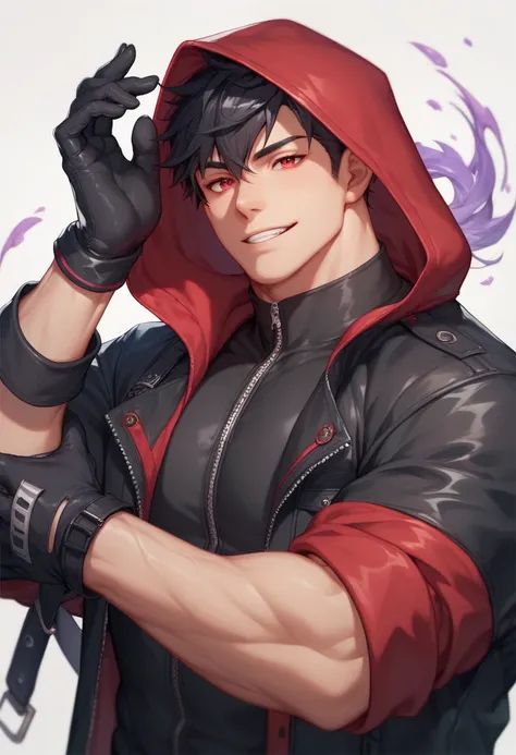 20-year-old boy with black hair with purple reflections, red eyes, black jacket with red hood, black gloves, marked and muscular physique 