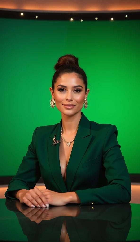 A Brazilian woman with sun-kissed fair skin, styled as a modern Carioca JOURNALIST, sits at a minimalist news desk, wearing a high-fashion dark green tailored blazer with brilliant gold accents. She has a fuller figure, exuding confidence and elegance in a...