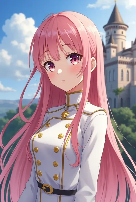 Japanese female teenager 、Pink straight long hair、Military uniform with gold thread embroidery on pure white 、 The background is in front of a medieval European-style castle、whole body、 high definition 、 anime style