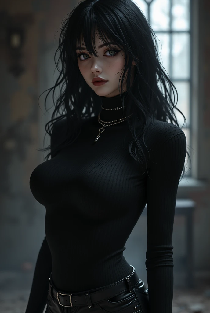 big boob, Goth anime girl, turtleneck sweater, black hair, dark makeup, black eyes