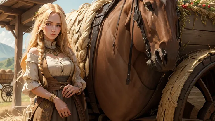 A striking portrait of a woman with long, flowing blondie hair,detailed ,perfect face,adorned in earthy accessories, stands beside a rustic wooden cart full of hay. The style has bold, textured strokes and warm colours.