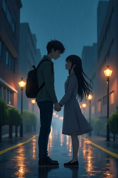 A couple saying goodbye in the middle of the rain (anime)