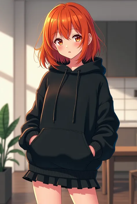 a orange haired teen girl wearing a black oversized hoodie, a black mini skirt, in a modern apartment, neutral indifferent expression, anime style