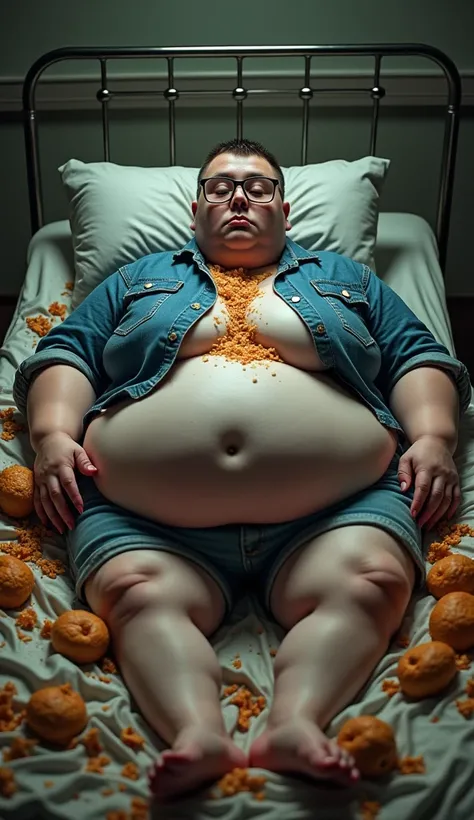 BLOATED MORBIDLY OBESE GIRL ULTRA SUPER SIZED BIG BEAUTIFUL GIRL IMMOBILE ON BED IN ROOM EATING VERY LOT  UNHEALTY FOOD FEEDERISM IN VERY EXTREME TIGHT  DENIM CORDUROY SHIRT WITH VERY TIGHT DENIM SHORT FASTEN TO THE NECK NERD GLASSES VERY SHORT HAIR BLOATE...