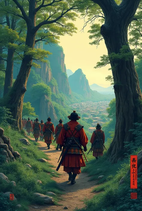 An image in the Japanese ukiyo-e genre, in the style of Katsushika Hokusai, with the following content: ronin are walking towards the city through the forests, not noticing the Mongolian soldiers hiding nearby in the bushes; amazing perspective, excellent ...