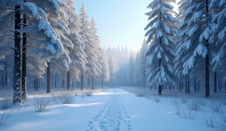  A stunning and realistic landscape of a forest covered by snow during the day . The tall trees,  with dark trunks and sturdy branches ,  are completely covered by a thick layer of fluffy white snow ,  creating a vibrant contrast against the clear and blue...