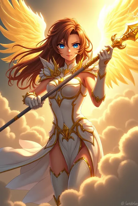 Brown-haired, blue-eyed manga Saint Seiya the lost canvas girl with a heavenly spear and armor 