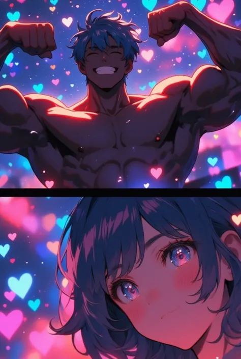 so many cute heart signs.2comic panel.at 1st very big panel (A realistic trustful man with dark shiny muscular skin is posing(Most Muscular Pose) beautifully as a bodybuilder with a full smile and white teeth, realistic muscles, very well developed muscles...