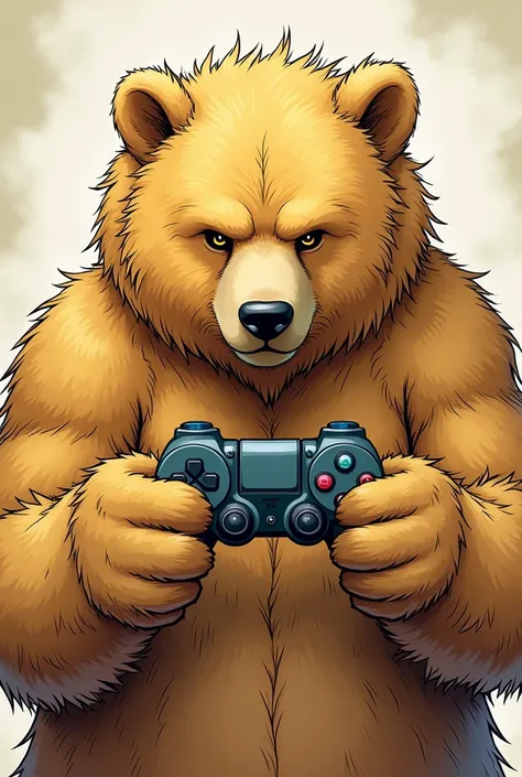 Un ours avec des cheveux longs blonds, tenant une manette dans ses pattes. 
un visage sérieux.
Dans un style manga
