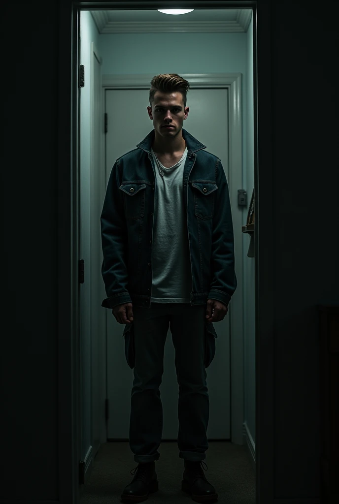 Create a dark image
 of a 20-year-old man
Athletic body 
With military cut 
Denim dress and casual jacket 
In his room
