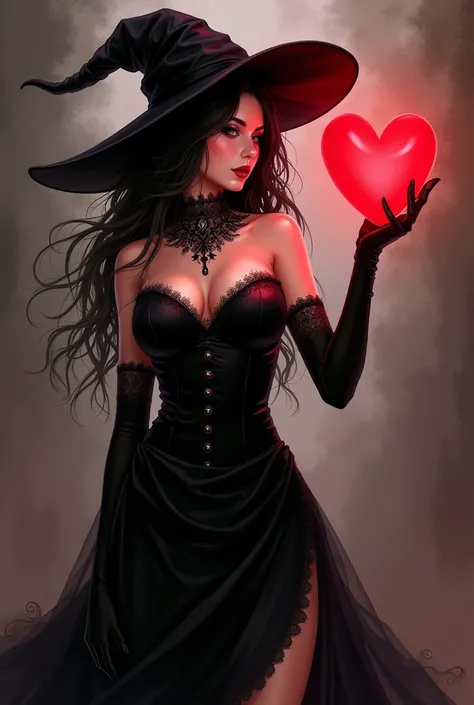 A woman in a black dress with a red heart in her hand, Anime painting by Jin Homura ,  pixib,  Fantasy Art ,  dark witch  character, evil magician witch, a beautiful magician,  provocative anime witches posing naked cast spells, evil magician, magician,  d...