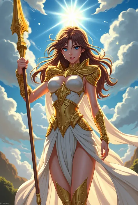 Brown-haired, blue-eyed manga girl Saint Seiya the lost canvas with a heavenly spear and Athena armor 