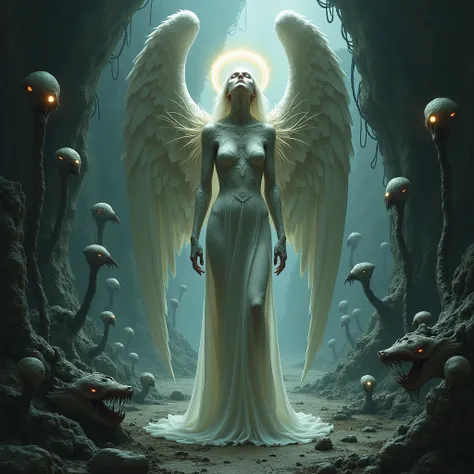 Illustration by H.R. Giger。Beautiful female angel。Halo。 Creatures。hell