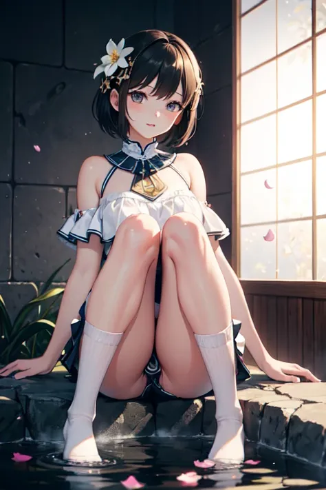  super high definition 、 real photo、 ultra detail ( Extremely Detailed CG Unity 8K Wallpaper 、masterpiece)、(Best lighting、 best shadow、 very delicate and beautiful at a hot spring facility)、 Baby-faced, petite woman with short cuts 、 Beautiful legs growing...