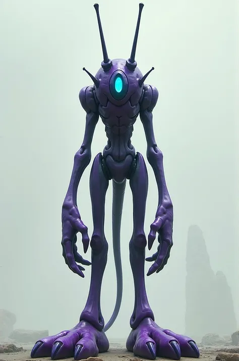  Create me a monster with four purple feet with a single blue eye, Tall that is like an anime type and human ,  that has two straight antennas and a straight tail  
