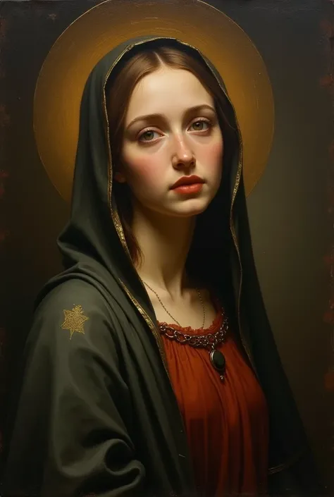 Rembrandts Religious Painting 。 Blessed Virgin Mary。 looking at camera。A gentle gaze。Halo