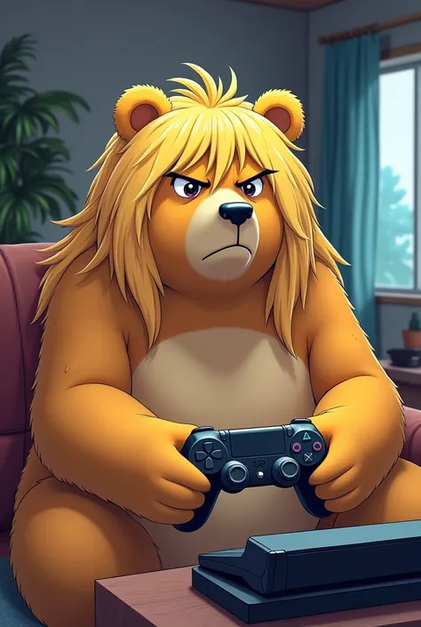 Un ours avec des cheveux longs blonds, jouant aux jeux vidéos 
un visage sérieux.
Dans un style manga
