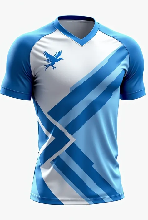  A light blue and white mens volleyball team jersey with arrows and lines running diagonally to bring something more dynamic , with a pegasus logo on the upper left of the chest  