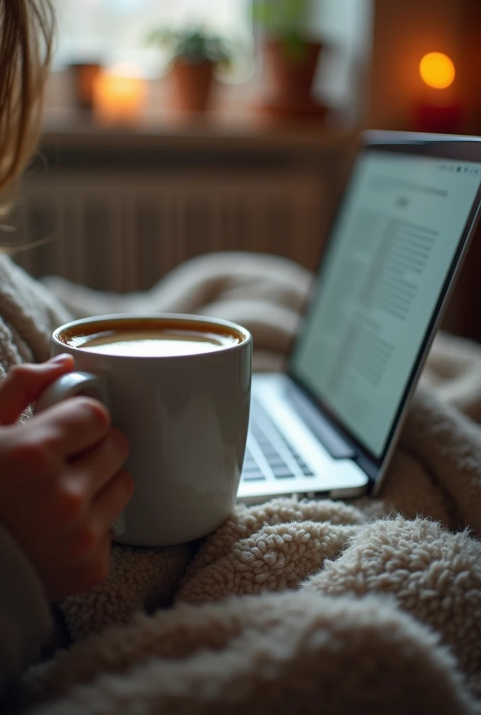 Create a POST to put on Instagram. A brown girl drinking a coffee while reading a PDF on her laptop, which is on her thigh. She is sitting with a blanket. She does not appear in the photo. The perspective is from the person taking the photo. Her hand holdi...