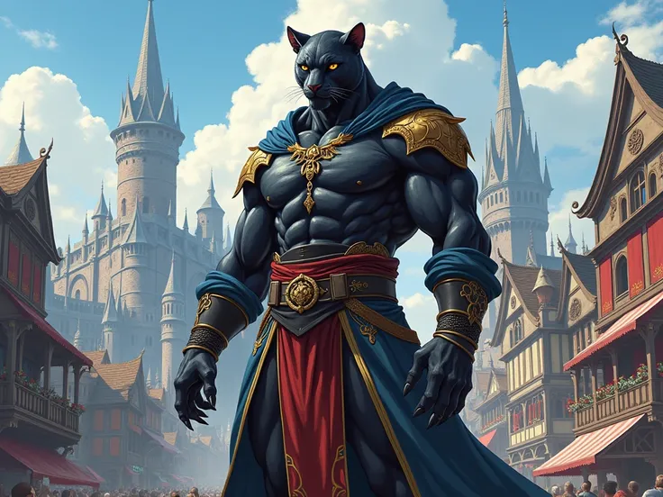   anime style, Human with panther features,  male , high, Medieval civilian clothing, Medieval fantasy city.