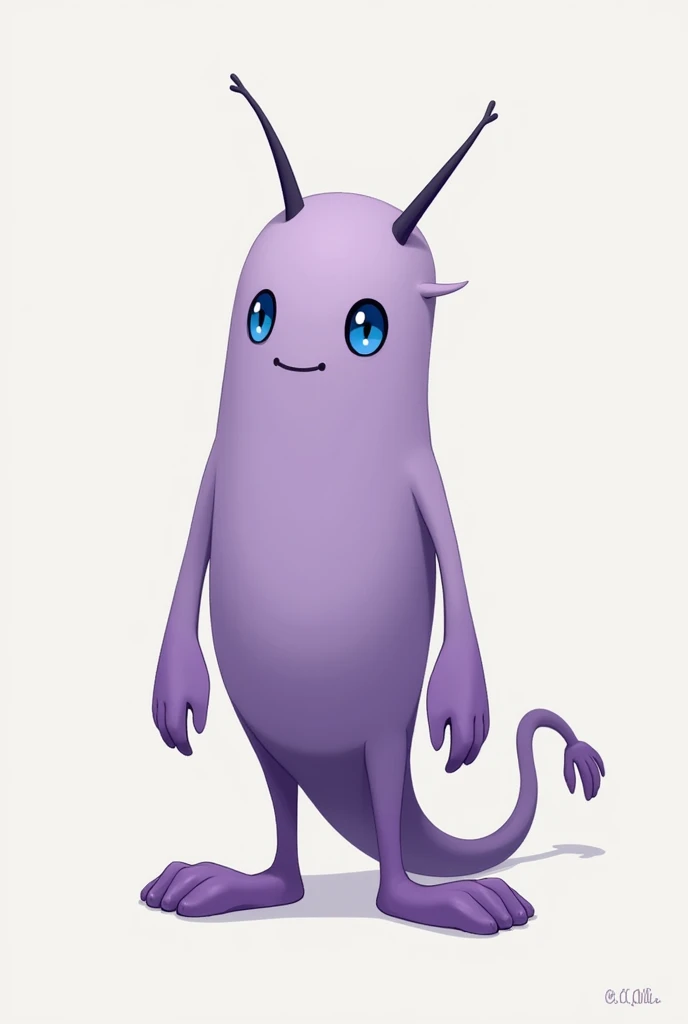  Create me a monster with four feet , and two hands ,  of purple color with a single blue eye, Tall that is like an anime type and human ,  that has two straight antennas and a straight tail , that looks tender 
