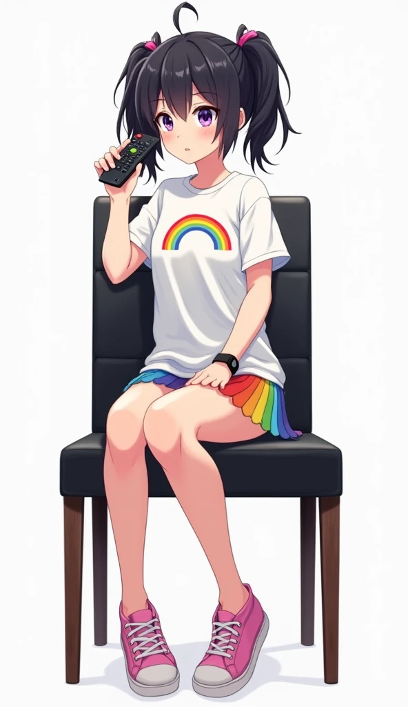 Animated adolescent woman with black hair and purple eyes with two pigtails in her hair and wearing a white t-shirt, short sleeves with a rainbow logo in the middle of her chest and with a black watch, and wears a horizontal rainbow skirt and also a pink s...