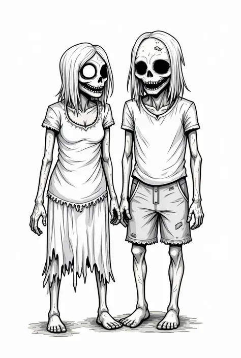 drawing of a male zombie next to a female zombie , lineart, line of art coloring page , dibujo lineal simple, Arte de esquema, artistic