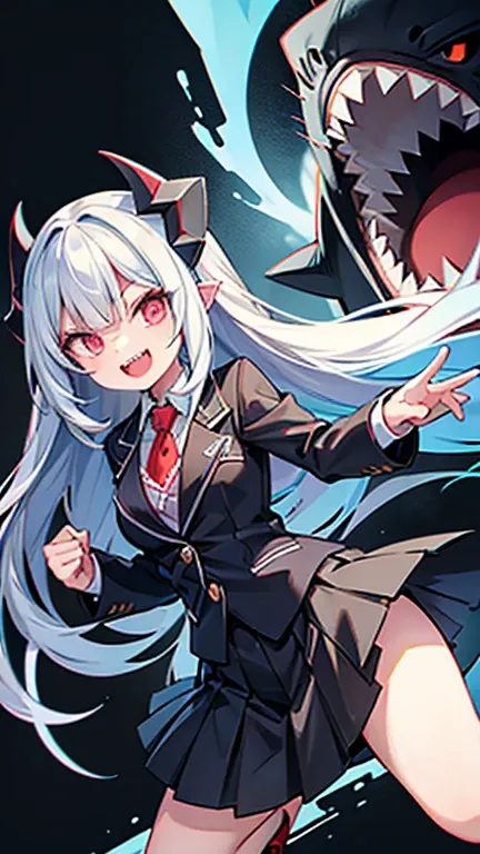 shark girl,long hair, wearing a blazer-type uniform, long skirt, jagged teeth. Illustrations of jagged teeth have been drawn by many creators, and the sharp shark-like teeth are particularly distinctive and impactful. Jagged teeth are also a deformation of...