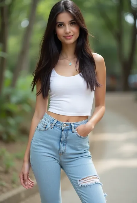  young woman with long dark hair ,  wearing a white top and tight light blue high-waisted jeans with broken knees .  She has an informal and relaxed pose and stands outside in what appears to be a natural environment , possibly a park or a neighborhood wit...