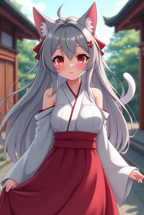 Lori、、Petite、Big Breasts、 princess cut、 long hair 、Gray Hair、 red eyes、Cat ears、Cat tail、Shrine maiden、Shrine maiden服、 White Kimono 、White Knee Highs、 apron dress、White brim、 hakama short skirt、, miko,red hakama、 hakama short skirt、Crying face、 BREAK maste...