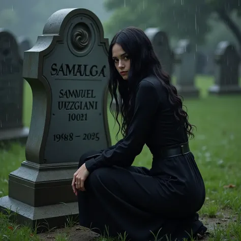 25 year old woman kneeling in front of a tombstone that bears the name of SAMUEL DOLCET VIZGIANI Vizgiani which also says at the bottom 1998-2025, it is raining, she is dressed completely in black and her hair falls down her back, long and black, she has a...