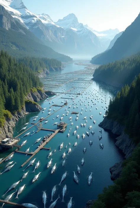 Create a picture of the widest salmon farm