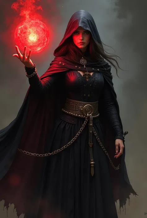  A Woman in a Black Cloak with a Red Glowing Ball, Paintings inspired by Magali Villeneuve, Artstation Contest Winners ,  fantasy art , Female Wizard conjuring a spell, magician, a beautiful magician, magician woman, Female Wizard, beautiful magician, evil...