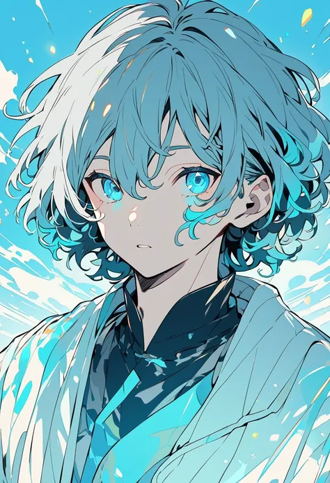  A male character with medium hair of a vibrant shade of cyan , slightly messy, but with a natural style .  Your eyes have the same cyan shade ,  shining brightly ,  as if reflecting an internal light .  Your skin is clear and slightly illuminated ,  highl...