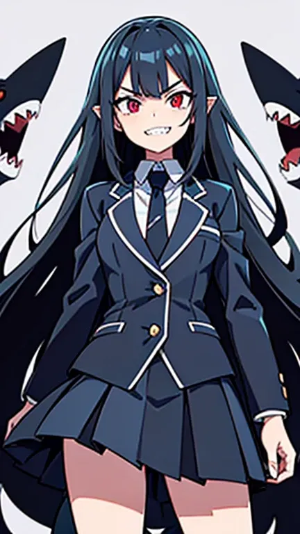 shark girl,long hair, wearing a blazer-type uniform, long skirt, jagged teeth. Illustrations of jagged teeth have been drawn by many creators, and the sharp shark-like teeth are particularly distinctive and impactful. Jagged teeth are also a deformation of...