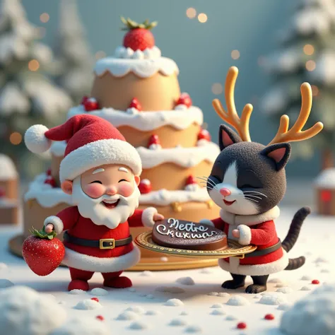  finished in a 3D style 。While its snowing in the silver world 、 is making a cake on a gorgeous, huge Christmas cake 、 A Munchkin menuet dressed as a small Santa Claus is carrying a large strawberry with a smile、 a white and black two-legged cat dressed as...