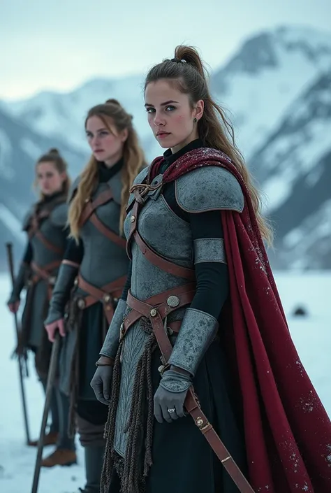  Against the background of the cold northern landscape  (Mountains, ice, Fjords) , several Viking women wear armor , tie leather belts ,  straighten their capes and weapons .  Their images are powerful and attractive — there is little armor,  emphasizes fe...