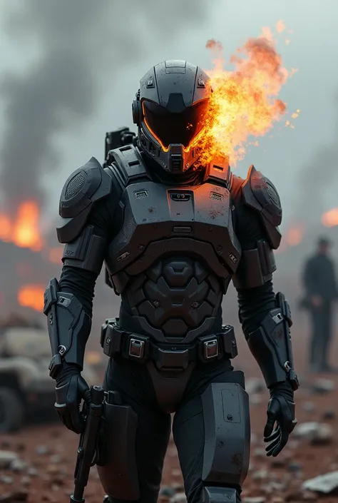  Create the black, tactically shaped face of the helmet of a totally burning space soldier , Focus carefully on the helmet and on the background a hostile war environment .  