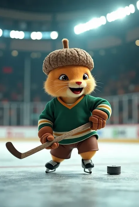 Create an image of an Acorn playing hockey   Wearing a dark green jersey with cream and brown accents. 